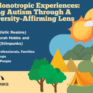 Images of tress, tent, sun, mountains. Text reads: Map of Monotropic Experiences: Reframing Autism Through A Neurodiversity-Affirming Lens Created by: Helen Edgar (Autistic Realms) & Ryan Boren, Norah Hobbs and Chelsea Adams (Stimpunks) FREE Training for Professionals, Families and Community Groups to Support Autistic People
