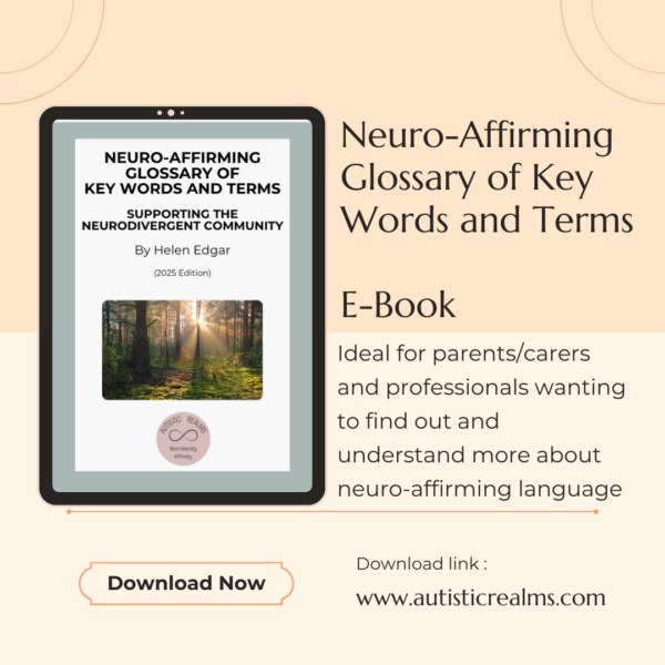 Image of book cover. Text reads: Neuro-Affirming GlossarY of Key words and Terms Supporting the Neurodivergent Community By Helen Edgar (2025 Edition)