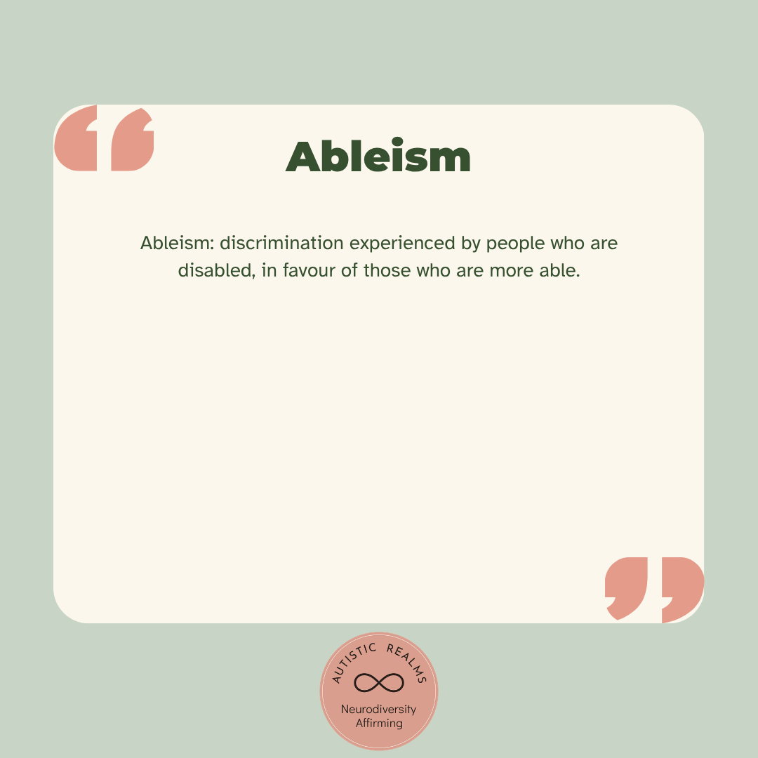 Sage green glossary card with a cream box: Ableism, discrimination experienced by people who are disabled, in favour of those who are more able.