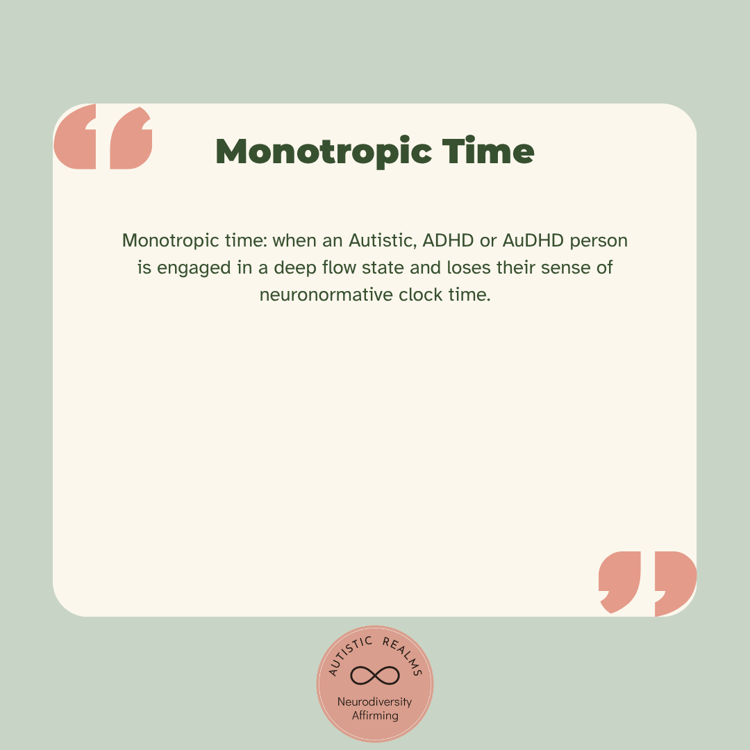 Sage green glossary card: Monotropic time, when an Autistic, ADHD or AuDHD person in deep flow loses their sense of neuronormative clock time.