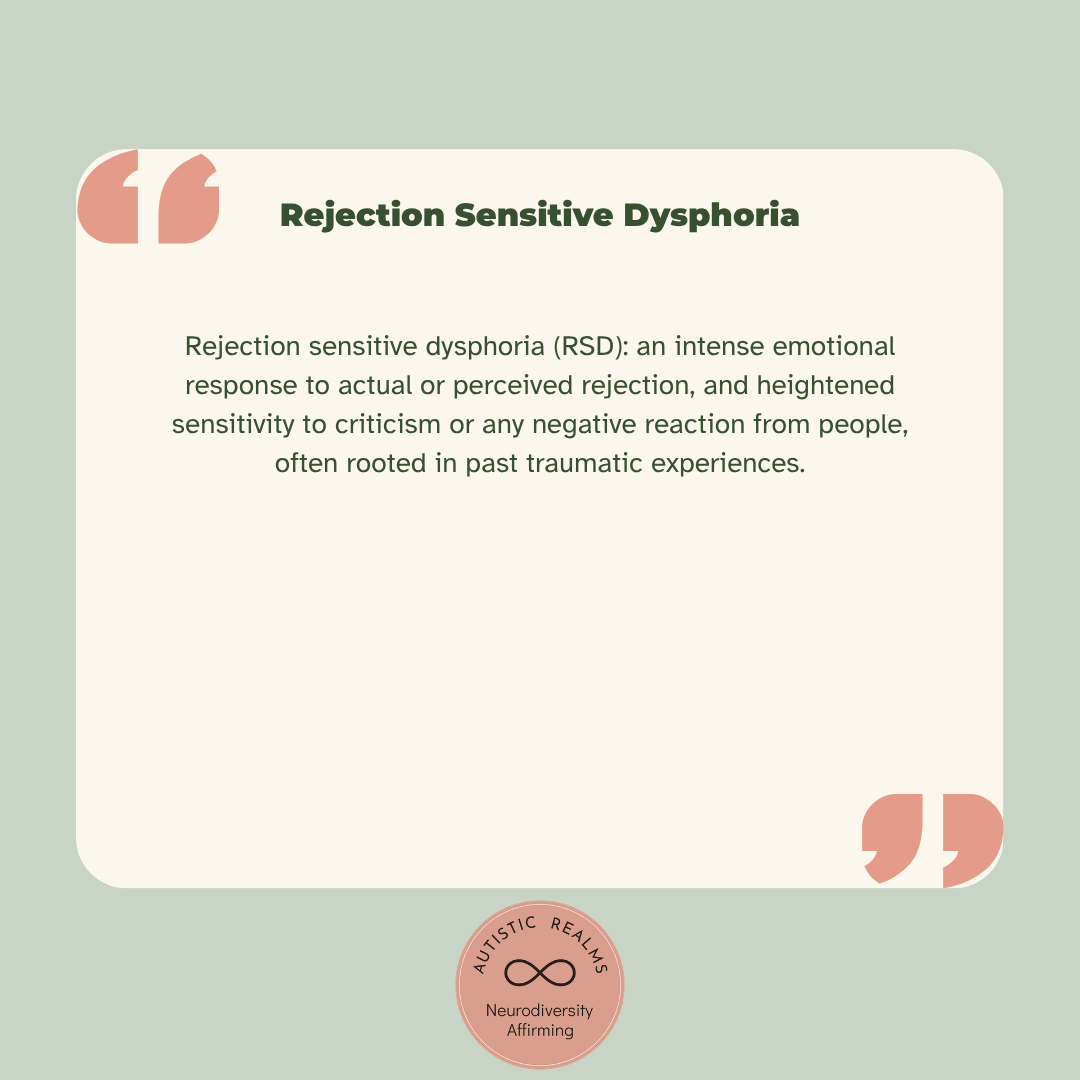 Sage green glossary card: Rejection sensitive dysphoria, an intense emotional response to actual or perceived rejection.