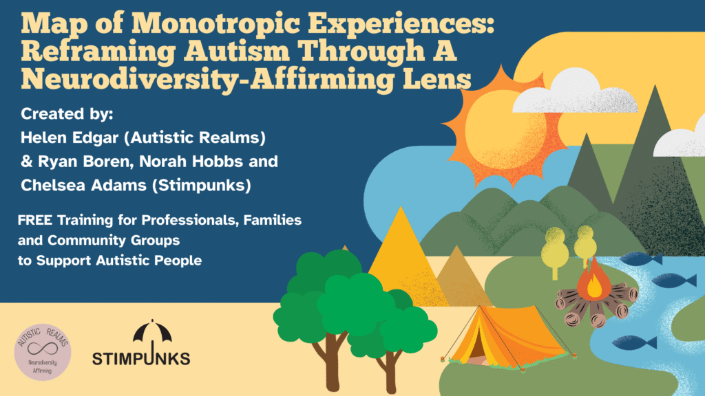 Images of tress, tent, sun, mountains. Text reads: Map of Monotropic Experiences:
Reframing Autism Through A
Neurodiversity-Affirming Lens
Created by:
Helen Edgar (Autistic Realms)
& Ryan Boren, Norah Hobbs and
Chelsea Adams (Stimpunks)
FREE Training for