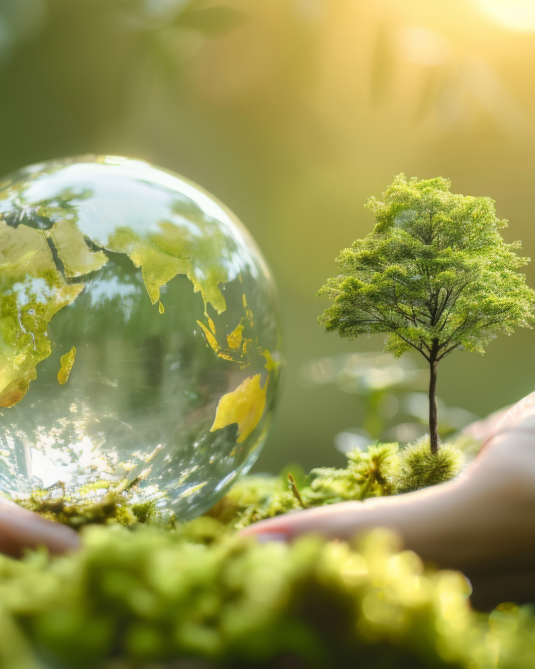 A glass globe reflecting Earth’s continents sits among green moss beside a small tree, symbolizing care