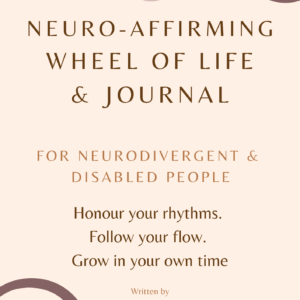 Cover page of the Neuro-Affirming Wheel of Life & Journal by Helen Edgar of Autistic Realms. The design features a calm, beige background with spiral motifs in the corners and the Autistic Realms logo at the top—a soft circular badge with the infinity symbol and the words "AUTISTIC REALMS – Neurodiversity Affirming." The title is centered in bold, warm brown font. Subheading reads: "For Neurodivergent & Disabled People." Below, a gentle affirmation states: "Honour your rhythms. Follow your flow. Grow in your own time." The author’s name and branding appear at the bottom: "Written by Helen Edgar, Autistic Realms." Page number "1" appears in the bottom right corner. The design is soothing, spacious, and inclusive.
