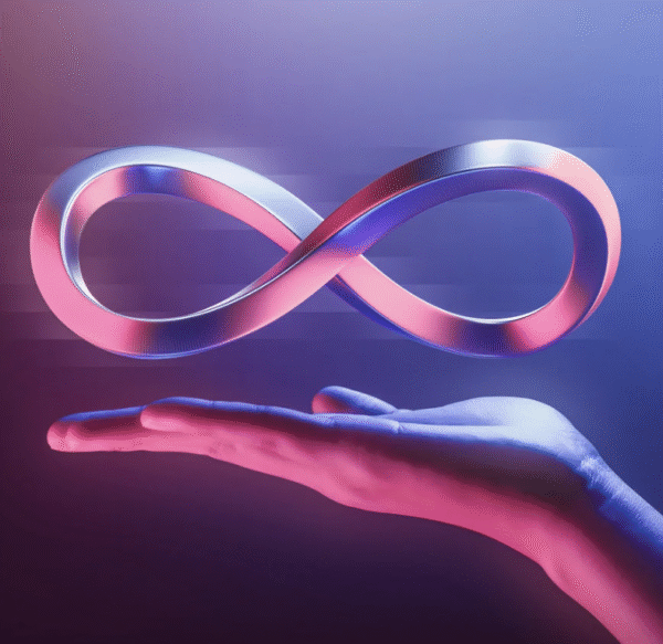 A stylised infinity symbol in metallic pink and blue hovers above an outstretched hand, lit with matching pink and blue light, against a blurred purple and blue gradient background
