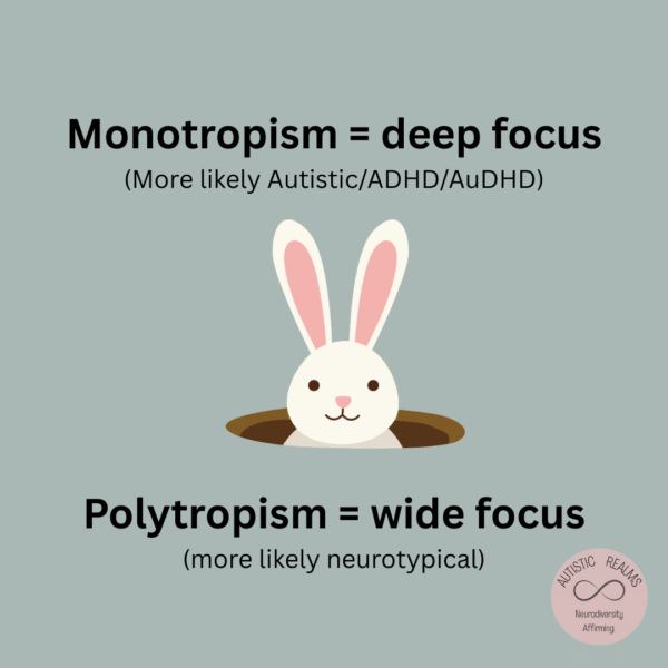 Illustration comparing monotropism and polytropism. At the top, the text reads “Monotropism = deep focus (more likely Autistic/ADHD/AuDHD)” above a cartoon white rabbit peeking out of a hole. Below, the text reads “Polytropism = wide focus (more likely neurotypical).” Bottom right shows the Autistic Realms logo with the infinity symbol and the words “Neurodiversity Affirming.”