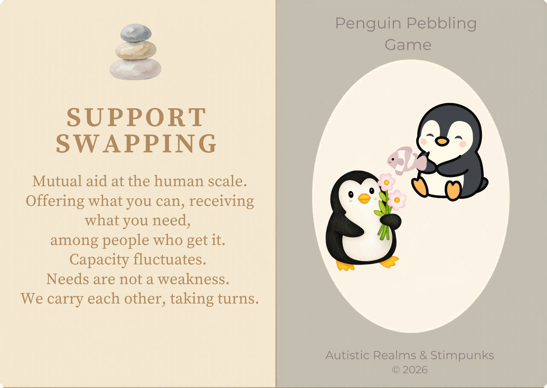 Support Swapping locution description card. Cream left panel with SUPPORT SWAPPING heading. Taupe right panel with two penguins — one offering flowers to the other.