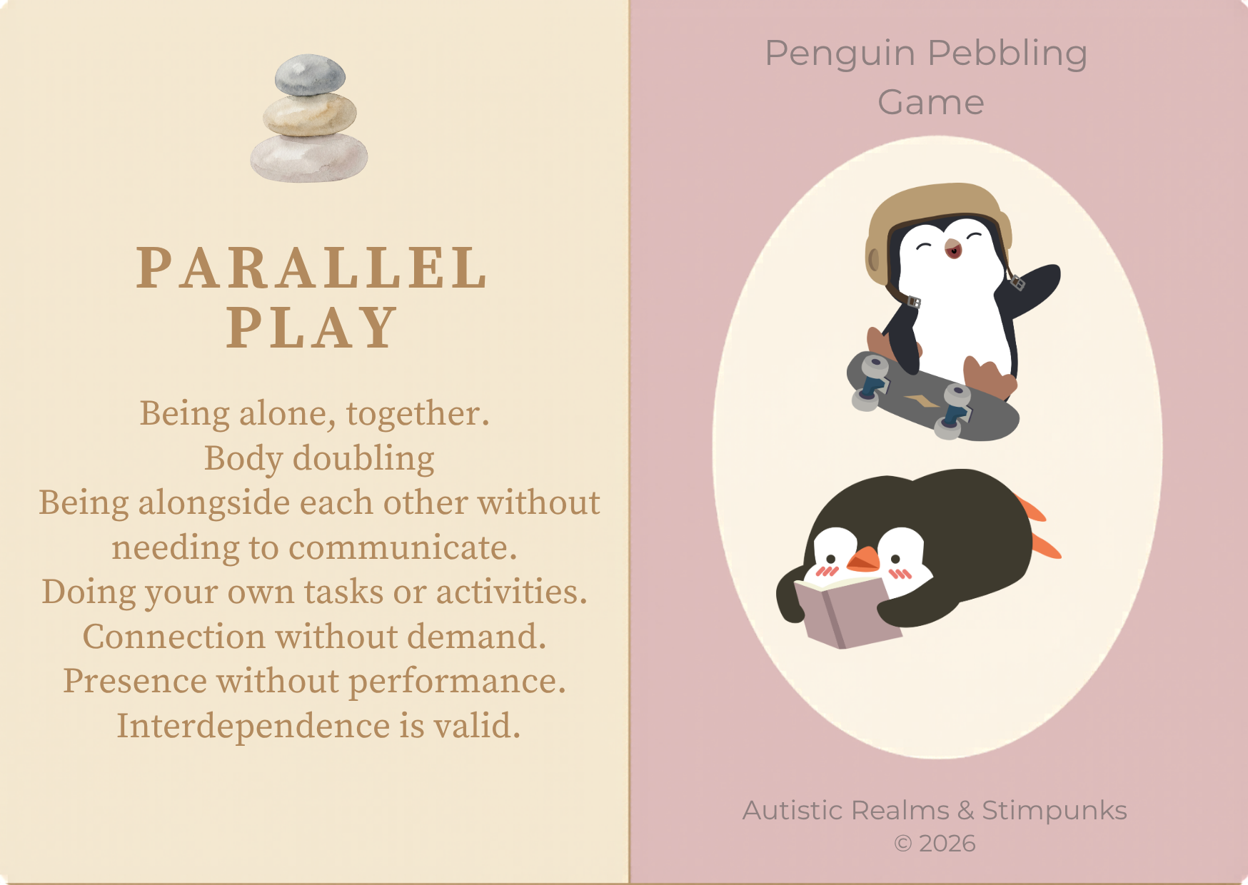 Parallel Play locution description card. Cream left panel with PARALLEL PLAY heading. Dusty rose right panel with two penguins doing separate activities — one skateboarding, one lying down reading.