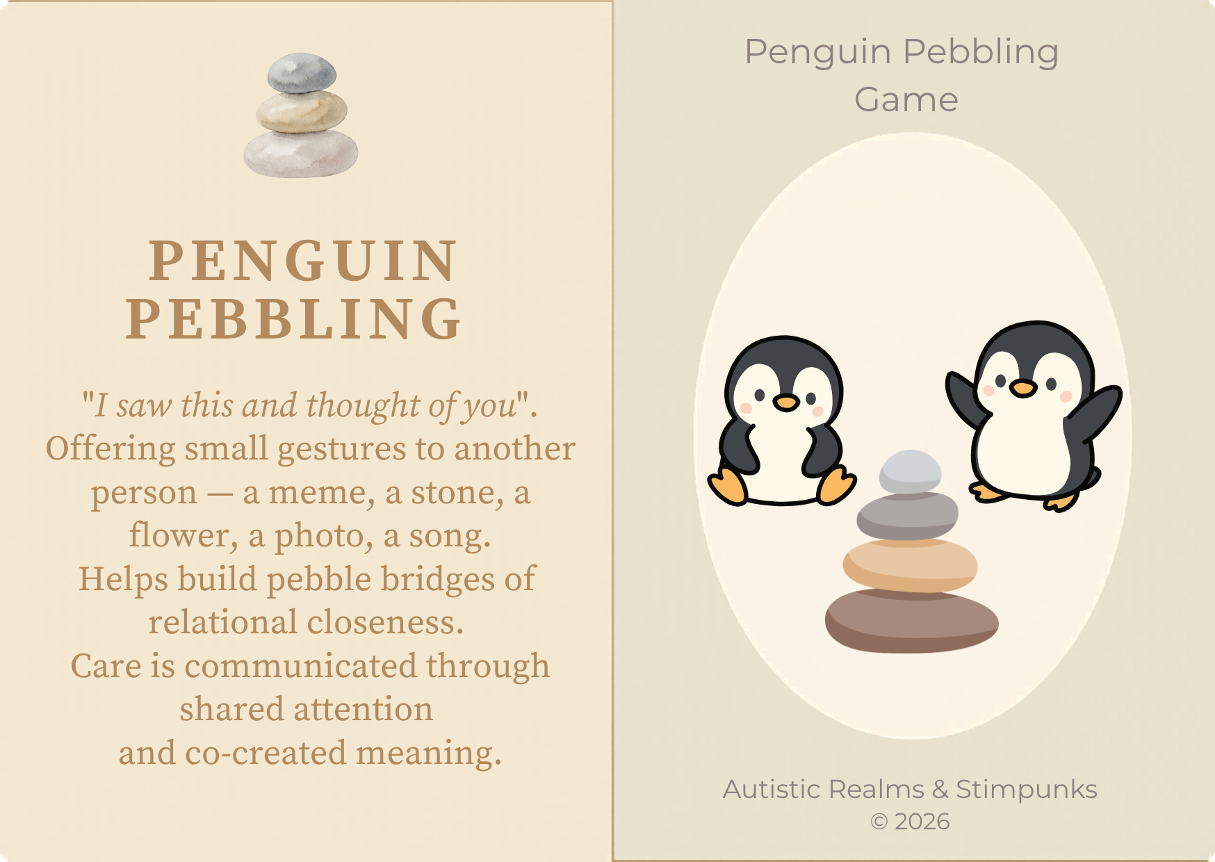 Penguin Pebbling locution description card. Cream left panel with PENGUIN PEBBLING heading. Warm sand right panel with two penguins facing each other across a stack of smooth balanced pebbles.