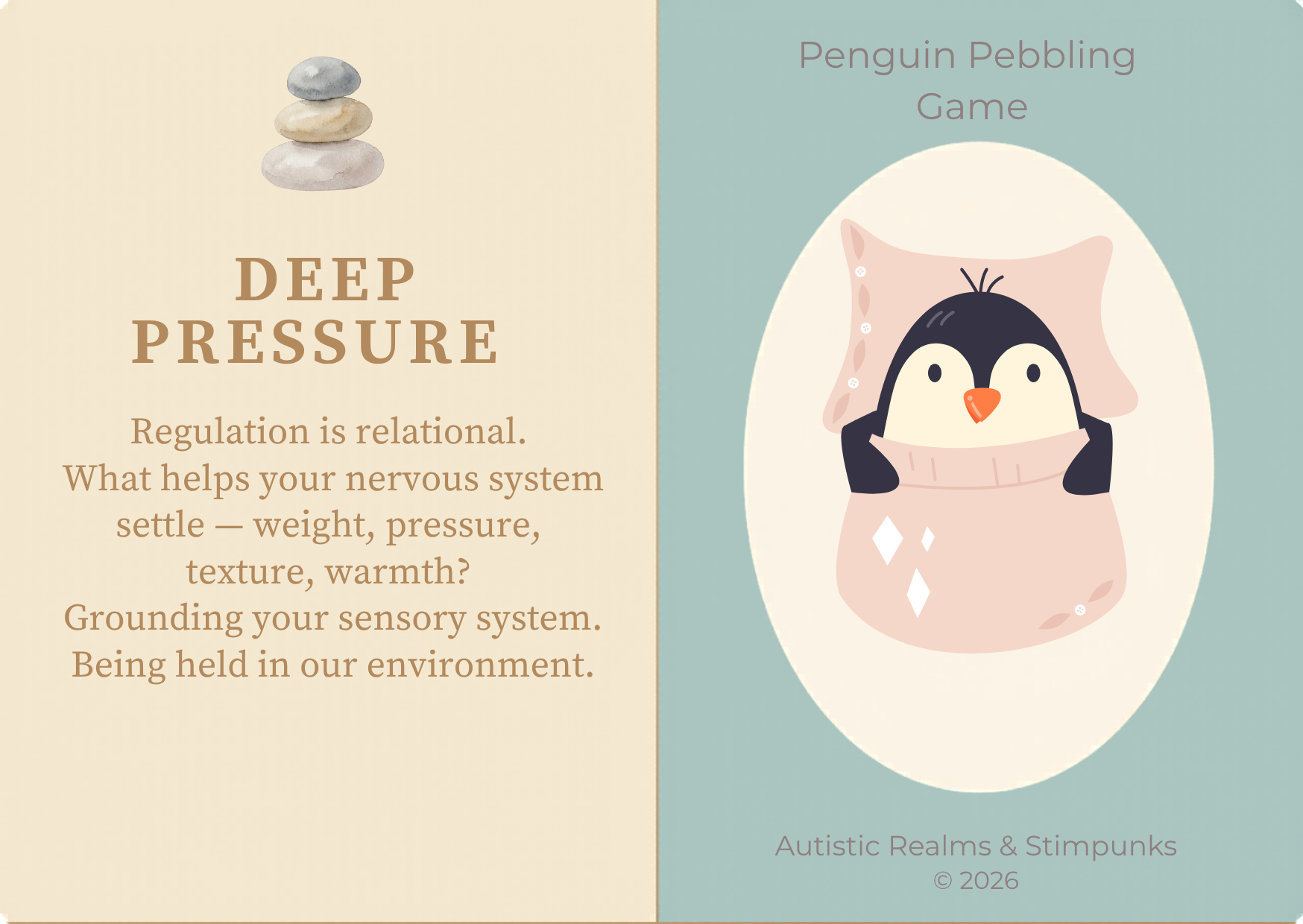 Deep Pressure locution description card. Cream left panel with DEEP PRESSURE heading. Sage green right panel with a penguin nestled cosily inside a large pink cushion.