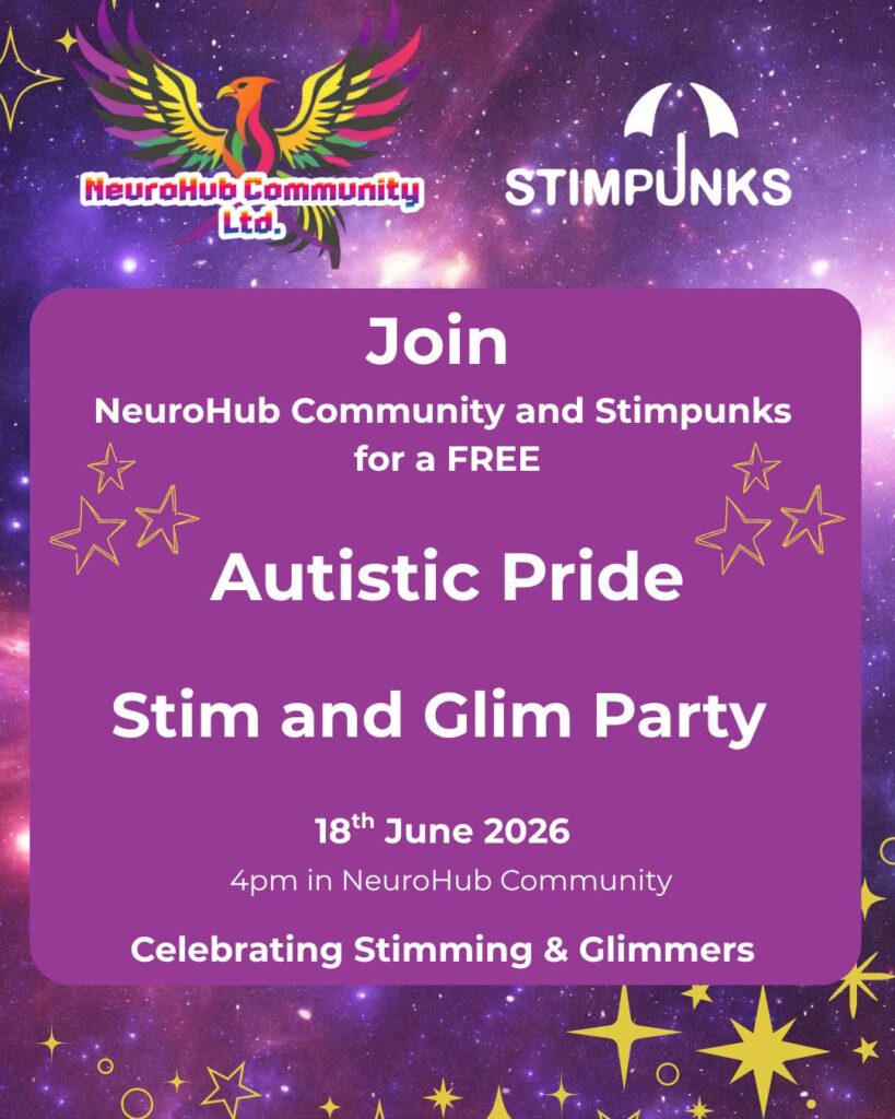 Promotional poster with a purple galaxy-themed background and yellow star illustrations. At the top are the logos for “NeuroHub Community Ltd.”, featuring a colorful phoenix, and “Stimpunks,” with a white umbrella-like symbol.  Centered on a large purple 