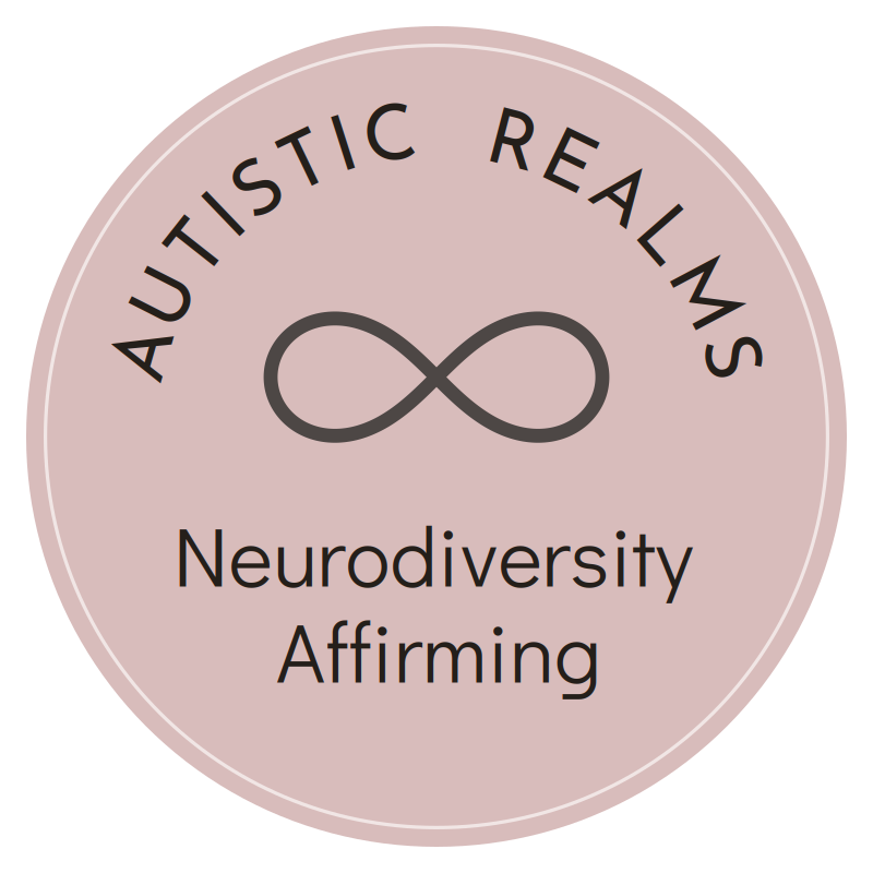 Autistic Realms logo: the words Autistic Realms arched over an infinity symbol, with Neurodiversity Affirming beneath, inside a dusky rose circle.