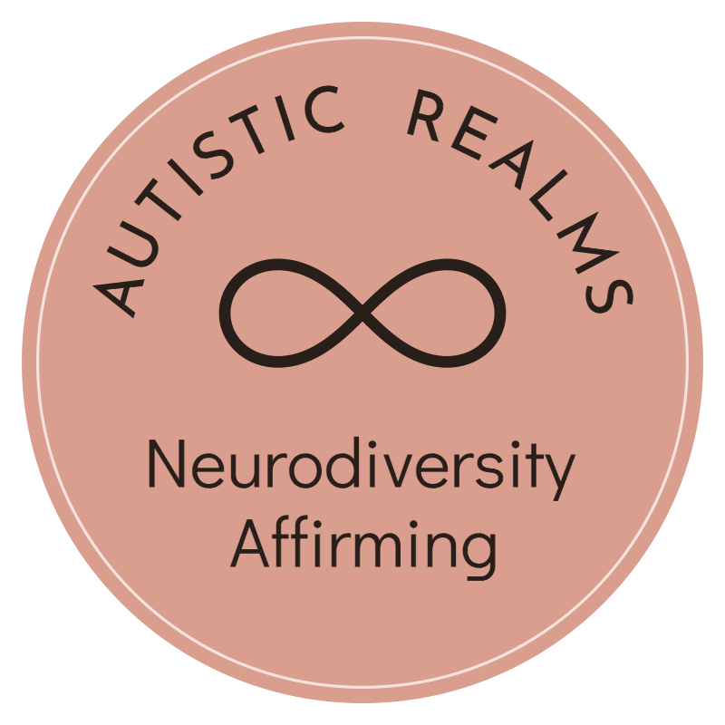 Autistic Realms logo: rose circle with the words Autistic Realms, an infinity symbol and Neurodiversity Affirming in dark brown