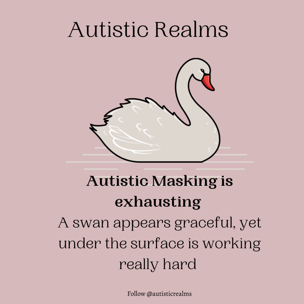 Image of a white swan on water. Text reads: Autistic Realms. Autistic Masking is exhausting. A swan appears graceful, yet under the surface is working really hard. Follow @autisticrealms.
