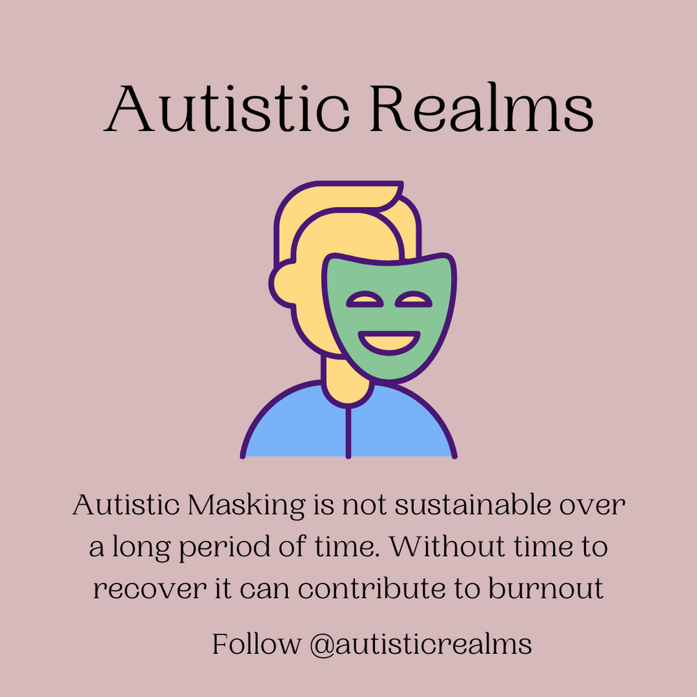 Image of a person holding a green smiling mask in front of their face. Text reads: Autistic Realms. Autistic Masking is not sustainable over a long period of time. Without time to recover it can contribute to burnout.