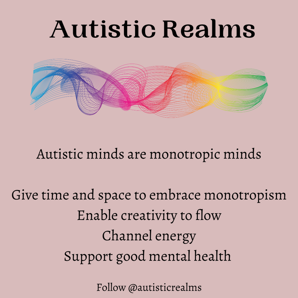 Image of colourful rainbow swirling lines. Text reads: Autistic Realms. Autistic minds are monotropic minds. Give time and space to embrace monotropism. Enable creativity to flow. Channel energy. Support good mental health.
