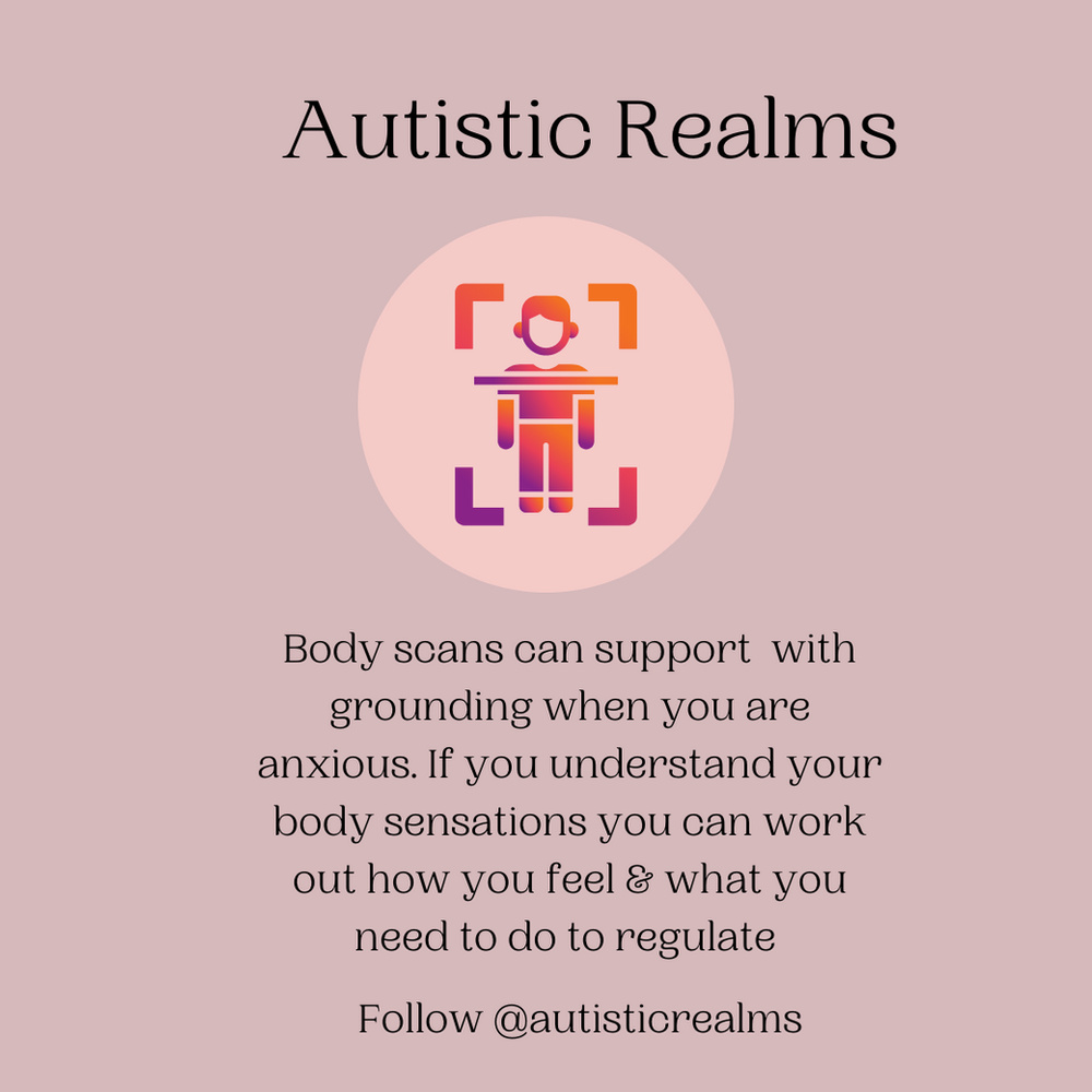 Image of a person inside a scanning frame icon. Text reads: Autistic Realms. Body scans can support with grounding when you are anxious. If you understand your body sensations you can work out how you feel and what you need to do to regulate.