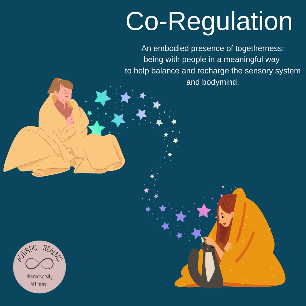 Image of two people wrapped in blankets, one stroking a cat, joined by a swirl of stars. Text reads: Co-Regulation. An embodied presence of togetherness; being with people in a meaningful way to help balance and recharge the sensory system and bodymind.