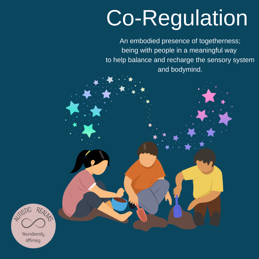 Image of three children playing together with spades in the earth, under swirls of stars. Text reads: Co-Regulation. An embodied presence of togetherness; being with people in a meaningful way to help balance and recharge the sensory system and bodymind.