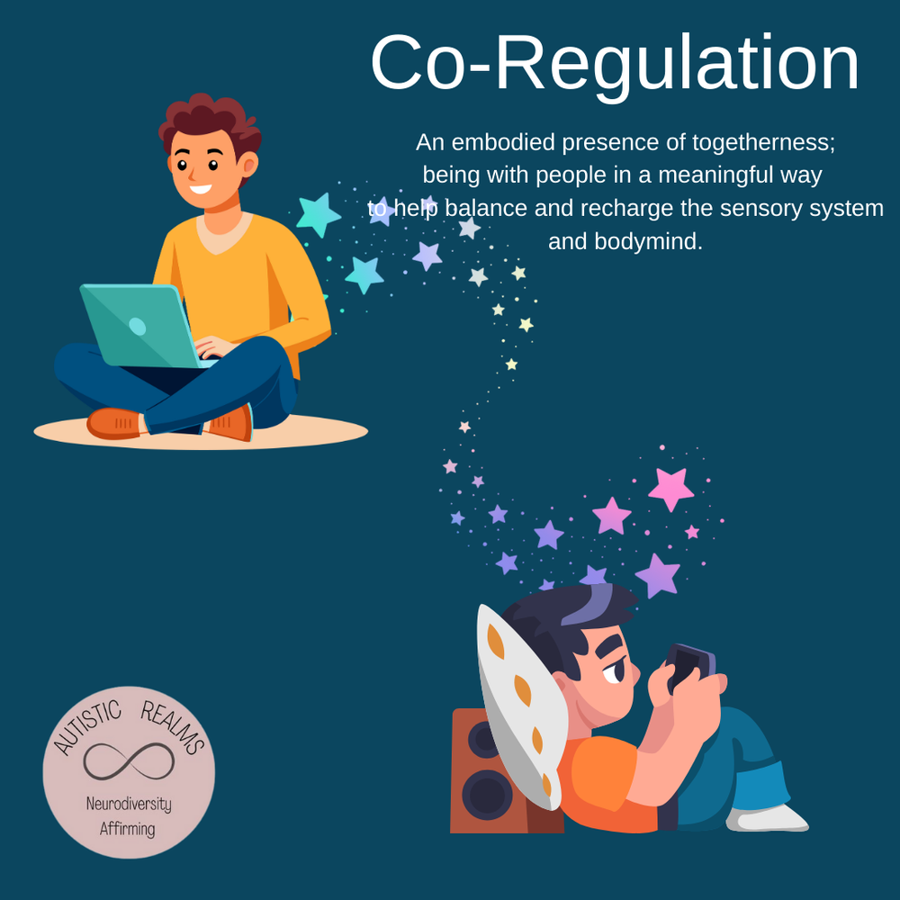 Image of two cartoon people, one with a laptop and one lying down with a phone, joined by a trail of stars. Text reads: Co-Regulation. An embodied presence of togetherness; being with people in a meaningful way to help balance and recharge the sensory system and bodymind.
