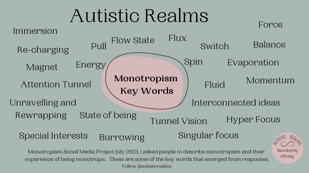 Image of a list of words around a pink blob. Text reads: Autistic Realms. Monotropism Key Words: Immersion, Flow State, Pull, Flux, Switch, Force, Balance, Energy, Spin, Evaporation, Momentum, Attention Tunnel, Fluid, Interconnected ideas, Tunnel Vision, Hyper Focus, Singular focus, Burrowing, Special Interests and more.