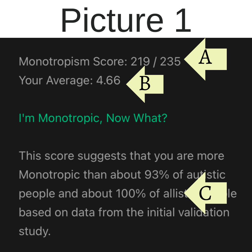 Example Monotropism Questionnaire result, labelled Picture 1. Text reads: Monotropism Score: 219 / 235 (A). Your Average: 4.66 (B). This score suggests you are more monotropic than about 93% of autistic people (C).