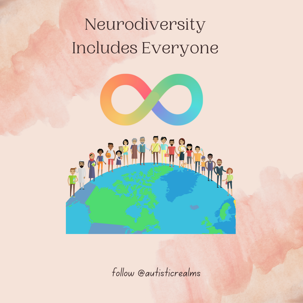 Image of the rainbow infinity symbol above a globe with a diverse group of people standing along its curve. Text reads: Neurodiversity Includes Everyone.