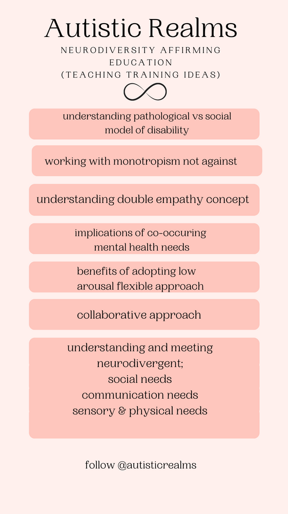 Image of a pink slide with a list. Text reads: Autistic Realms. Neurodiversity affirming education (teaching training ideas): pathological vs social model of disability, working with monotropism not against, double empathy, co-occurring mental health needs, low arousal flexible approach, collaboration, meeting social, communication, sensory and physical needs.