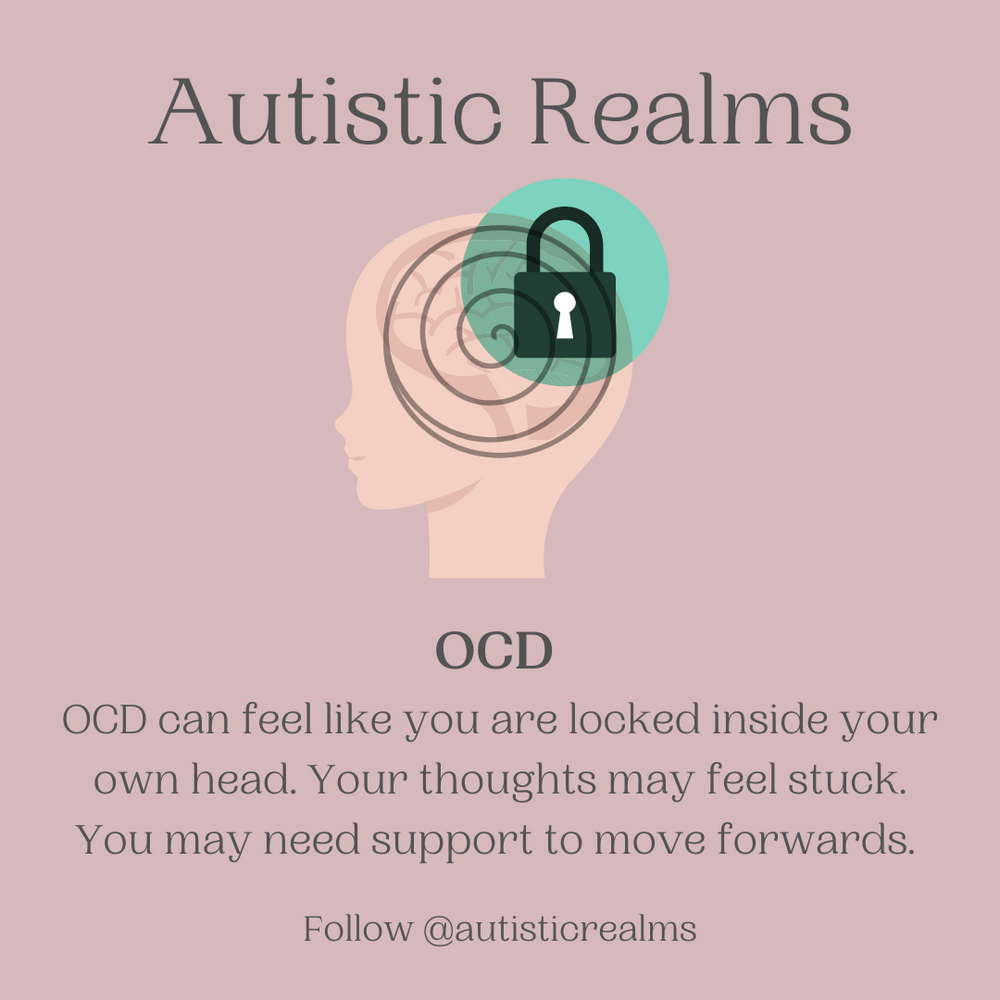 Image of a head in profile with a padlock over the brain. Text reads: OCD can feel like you are locked inside your own head. Your thoughts may feel stuck. You may need support to move forwards.