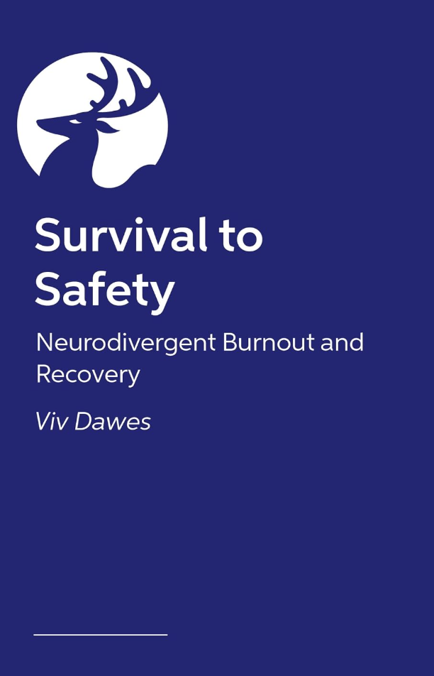 Book cover: Survival to Safety: Neurodivergent Burnout and Recovery by Viv Dawes, white text on a deep blue background.