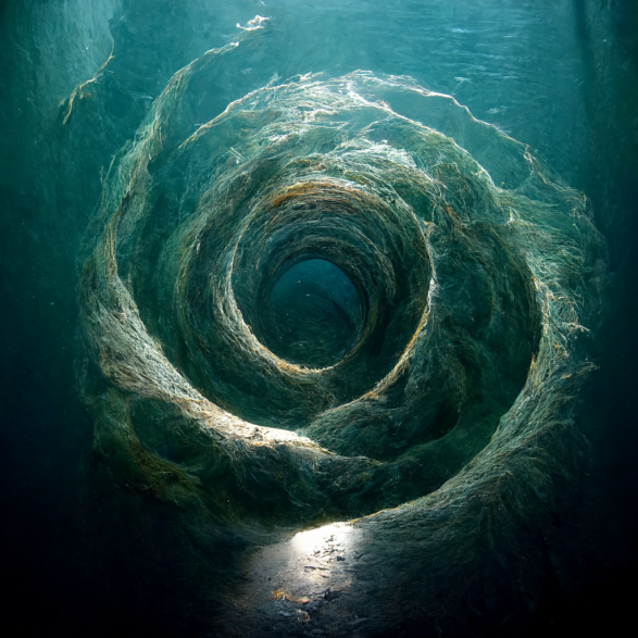Image of a dark teal whirlpool or spiral tunnel of water, lit from below.