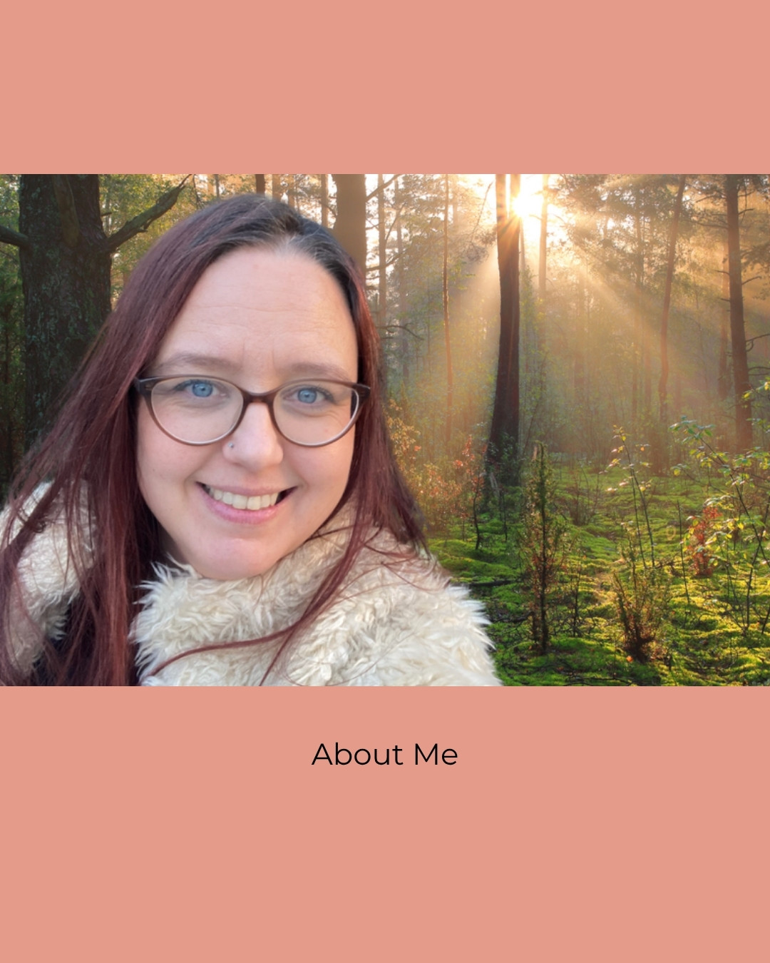 Helen Edgar smiling among green woodland trees. Caption: About Me.