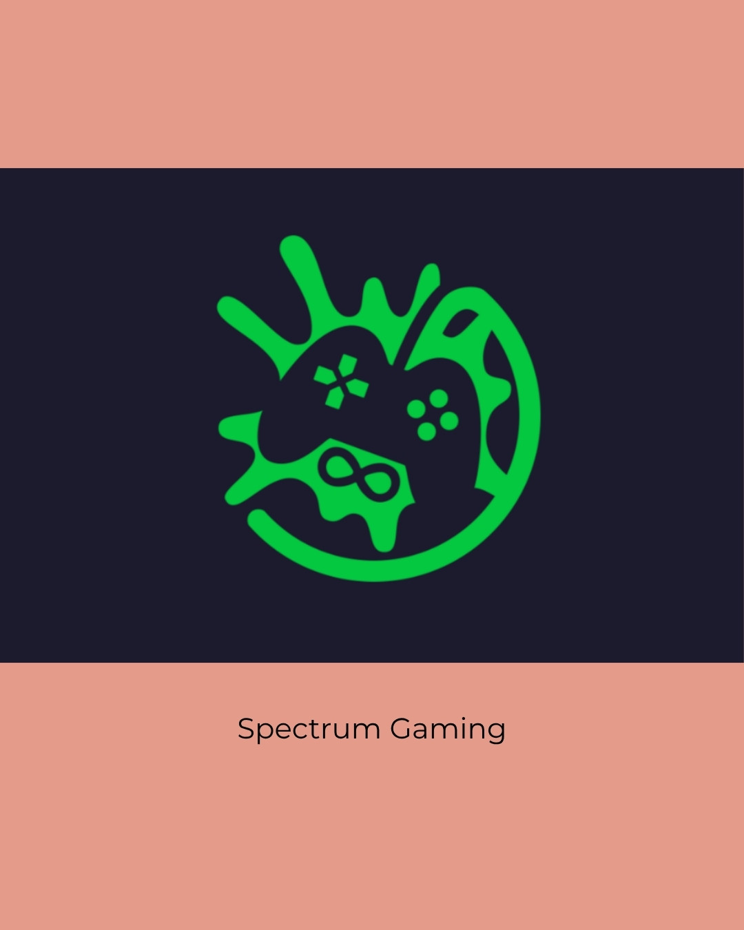 The green Spectrum Gaming logo, a game controller with an infinity symbol, on a dark background. Caption: Spectrum Gaming.