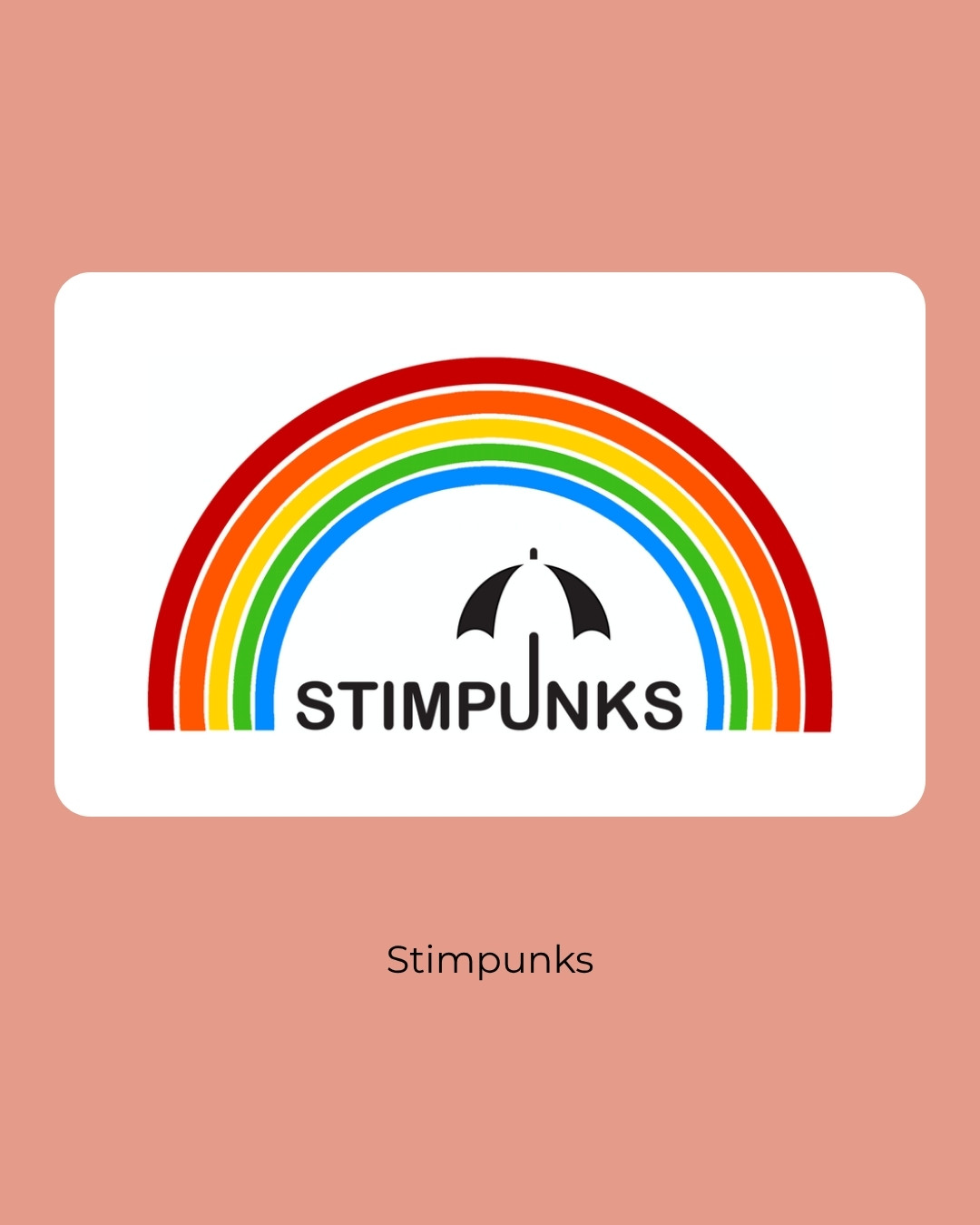 The Stimpunks logo, a black umbrella under a rainbow arch. Caption: Stimpunks.