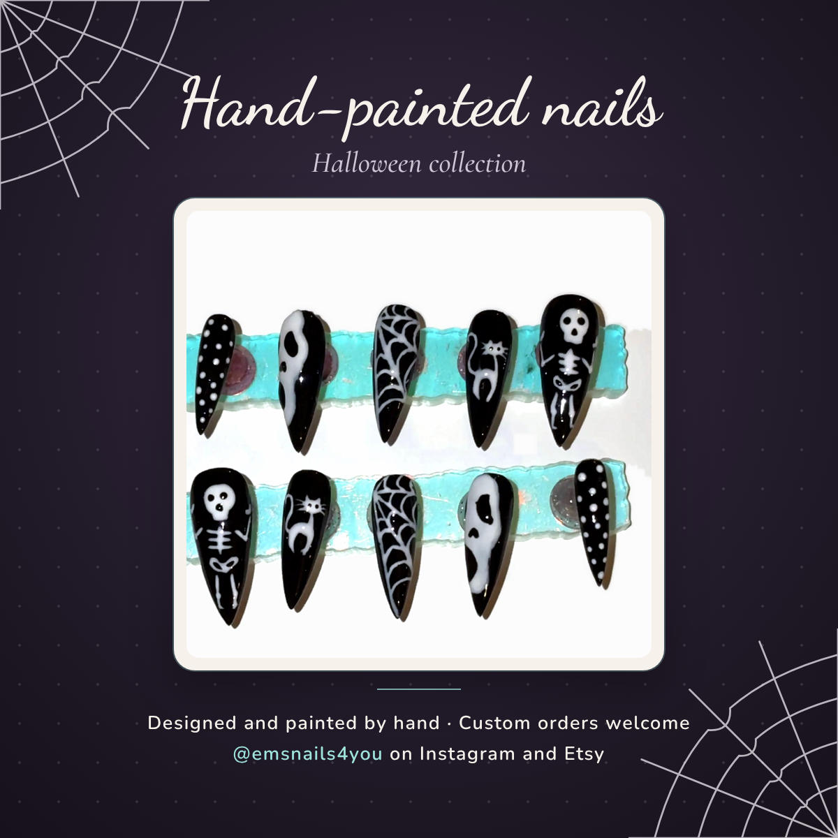 Ten black stiletto press-on nails hand-painted in white with skeletons, ghost faces, cats, cobwebs and polka dots, framed on a dark plum card with cobwebs reading Hand-painted nails, Halloween collection, @emsnails4you