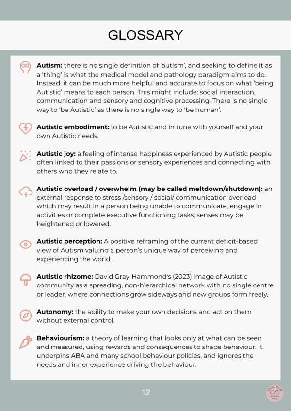 E-book glossary page: Autism to Behaviourism, each term with a rose icon