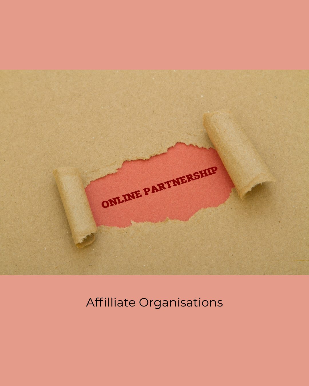 Torn brown paper revealing the words Online Partnership on red. Caption: Affiliate Organisations.