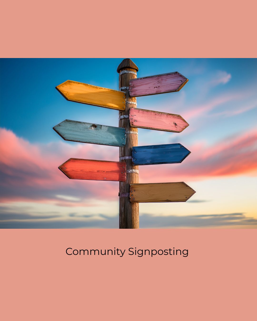 A wooden signpost with colourful blank arrows against a pink and blue sunset sky. Caption: Community Signposting.