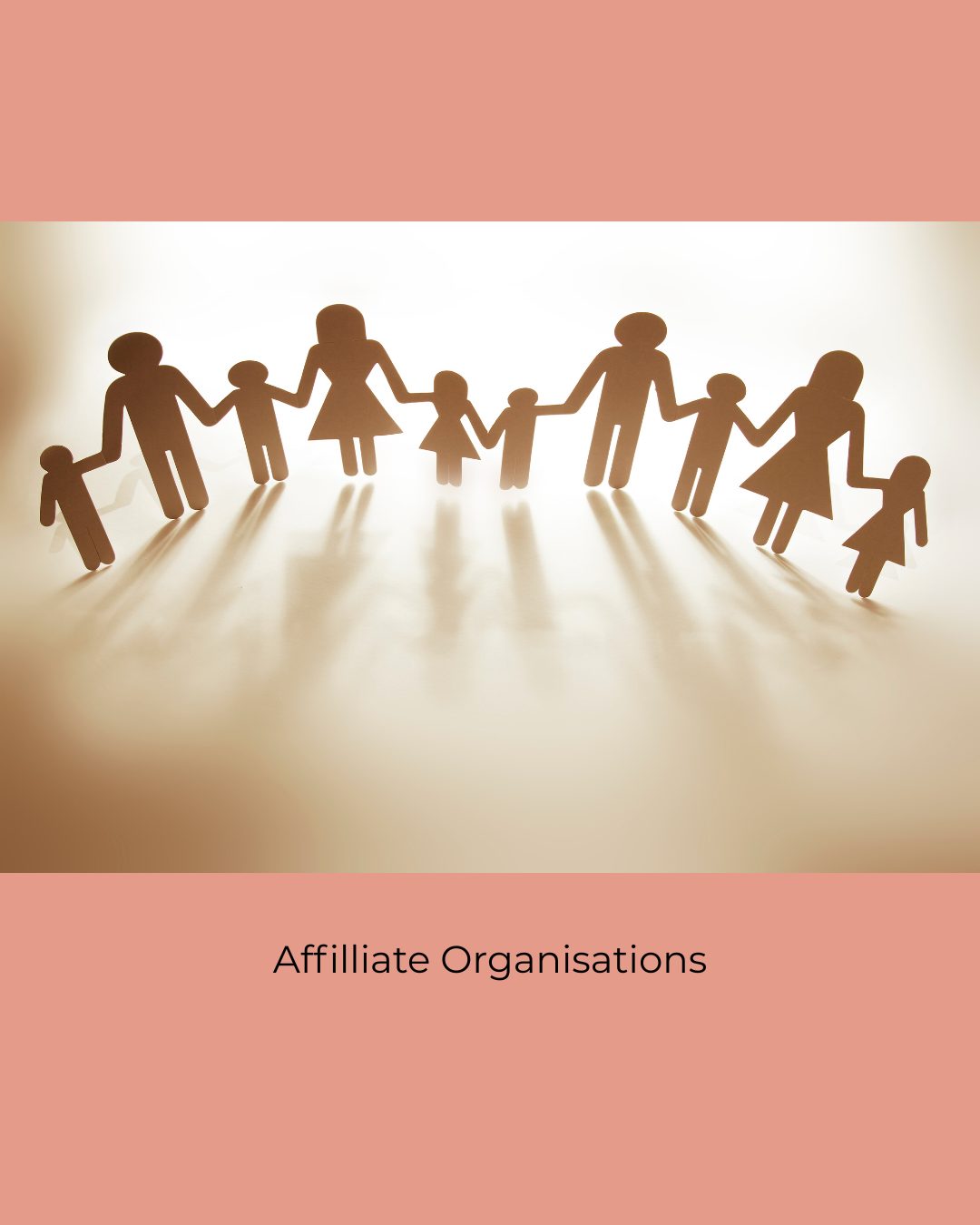 Paper cut-out family figures holding hands in a row, lit from behind. Caption: Affiliate Organisations.