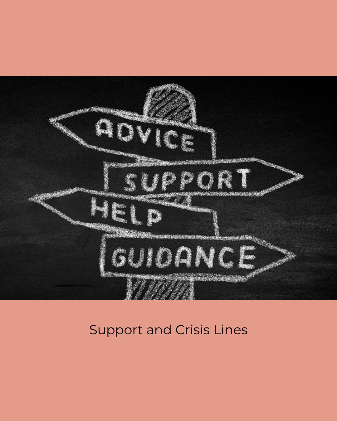 A chalk signpost on a blackboard with arrows reading Advice, Support, Help and Guidance. Caption: Support and Crisis Lines.