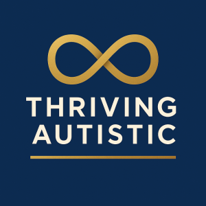 The Thriving Autistic logo: a gold infinity symbol above the words Thriving Autistic in cream capitals, with a gold line beneath, on navy blue.