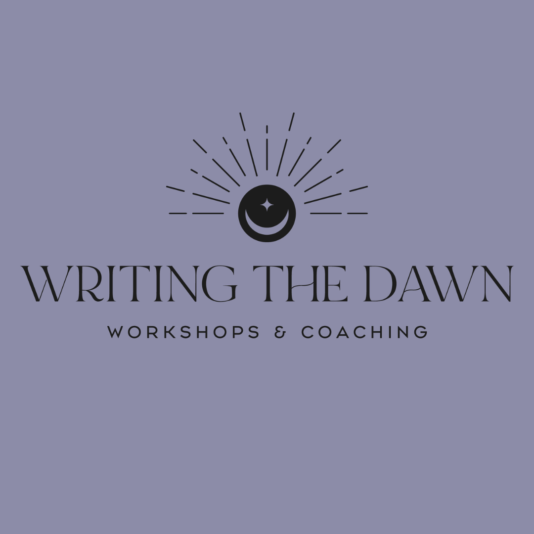 The Writing The Dawn logo: a rising sun with a crescent moon and star, above the words Writing The Dawn, Workshops and Coaching, on soft lilac.